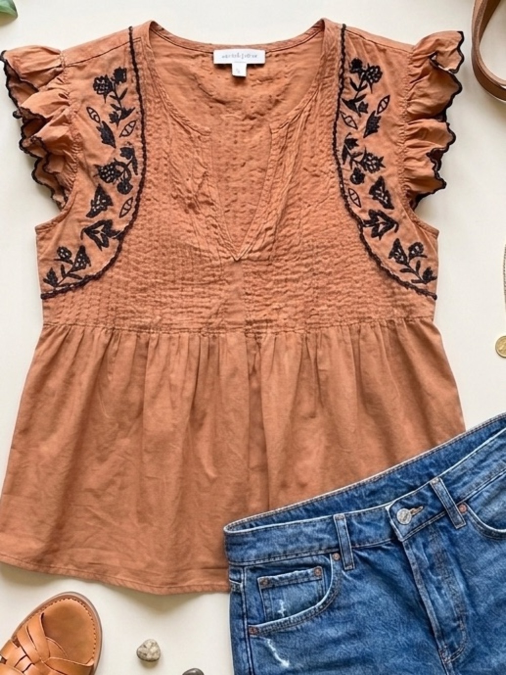 Express Rust Orange Embroidered Flutter Sleeve Top Boho Babydoll Prairie Peasant